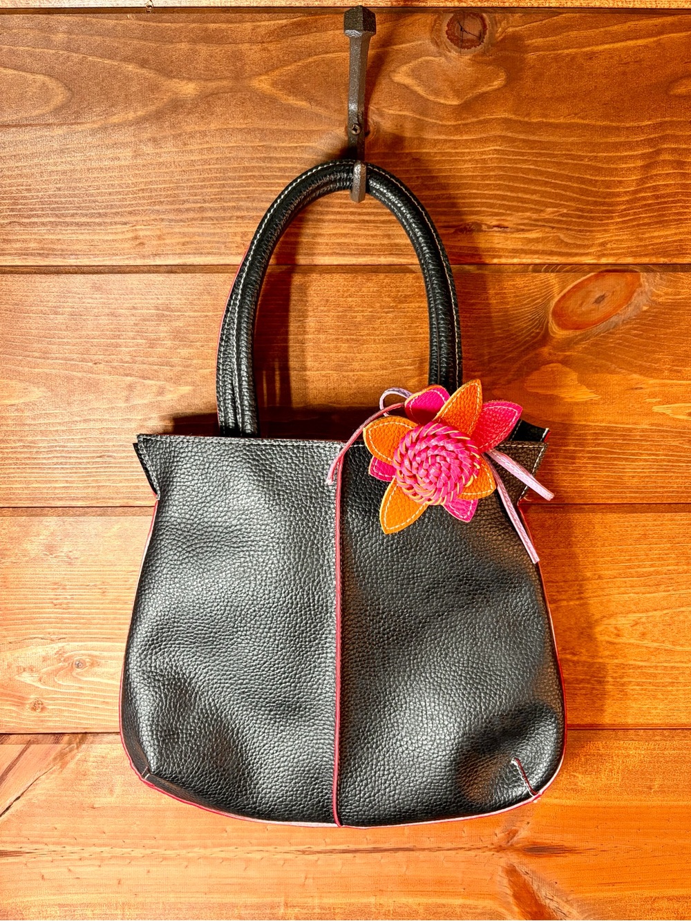 Mellow World Black Pebbled Tote Bag Floral Appliqué Vegan Leather Shoulder Purse